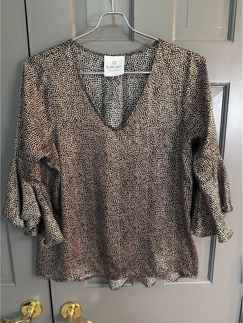 LaRoque Women's Silk Black Printed Black with Gold Dots Flutter-Sleeve Blouse OS
